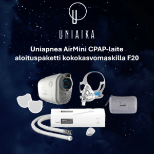 Uniapnea AirMini CPAP-laite aloituspaketti kokokasvomaskilla F20